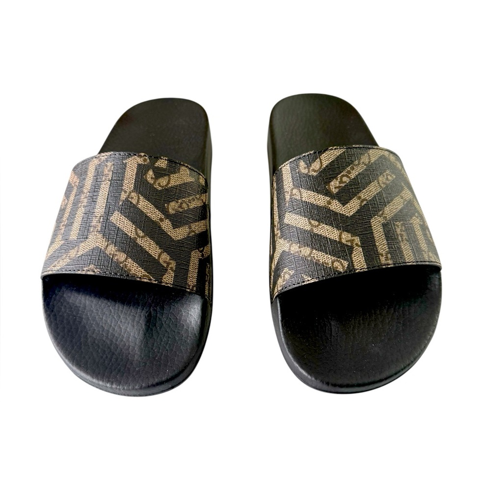 Black and Tan Gucci Slide Sandals